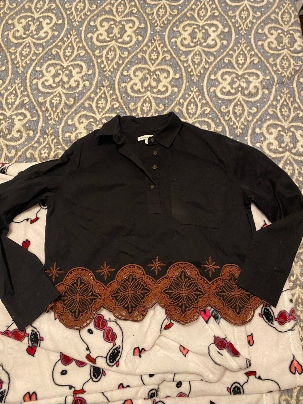 Banana Republic Black Button-Down Shirt with Brown Embroidered Hem